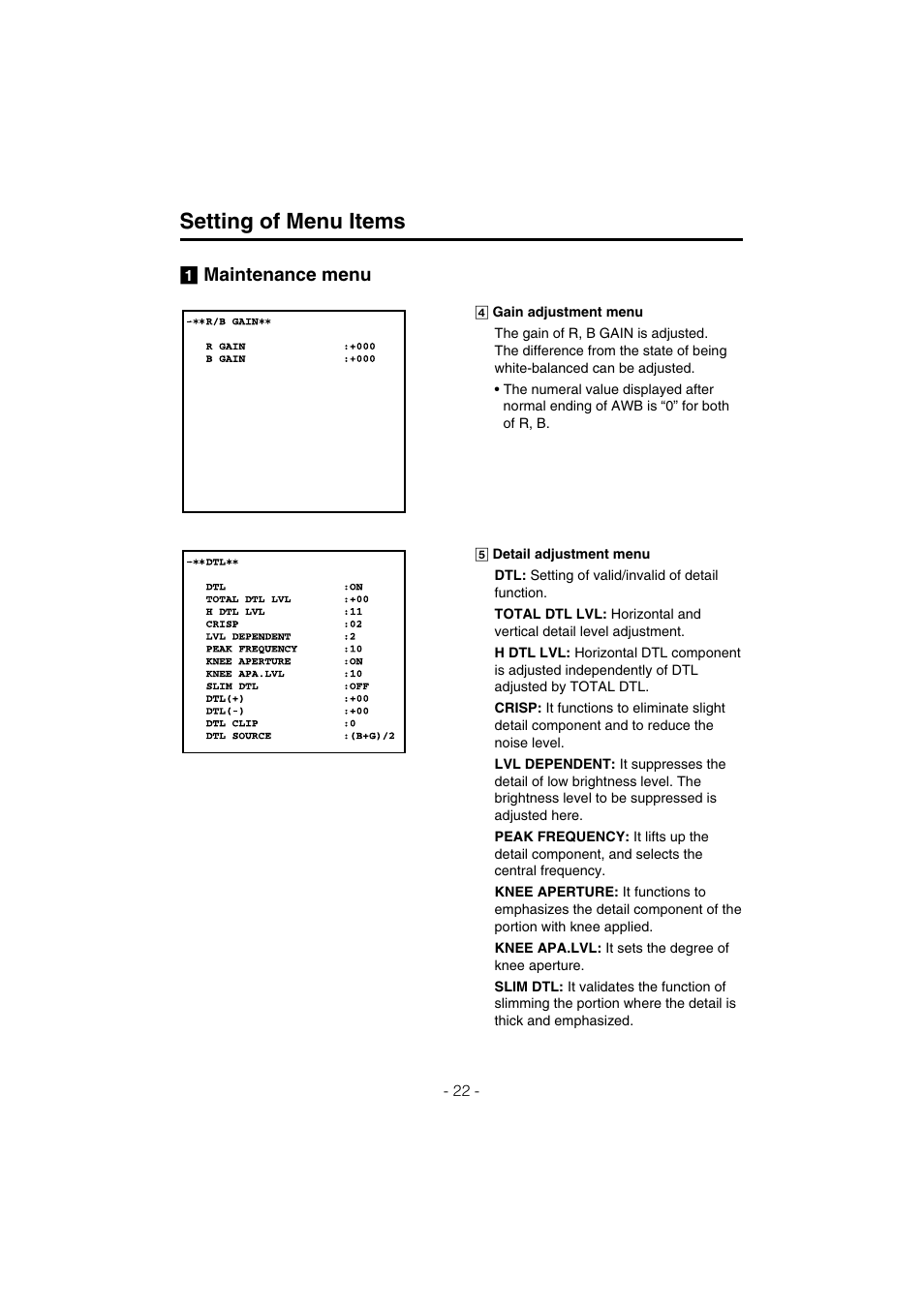 Setting of menu items | Panasonic AK-HC910L User Manual | Page 22 / 32