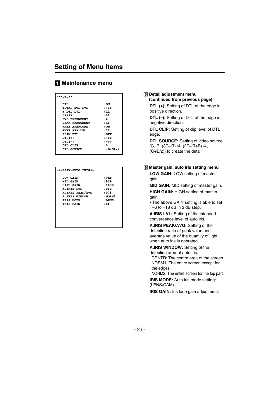 Setting of menu items, Maintenance menu | Panasonic AK-HC910L User Manual | Page 23 / 32