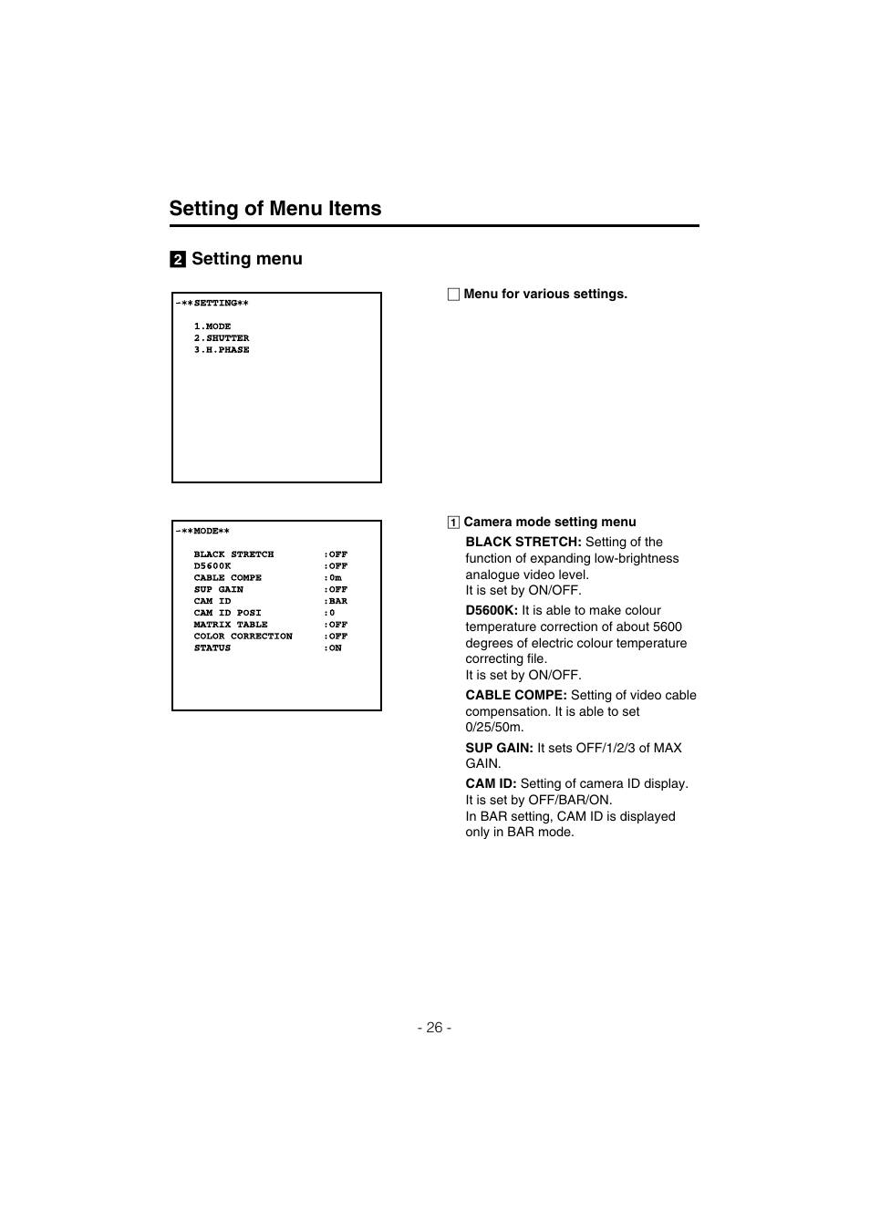 Setting of menu items | Panasonic AK-HC910L User Manual | Page 26 / 32