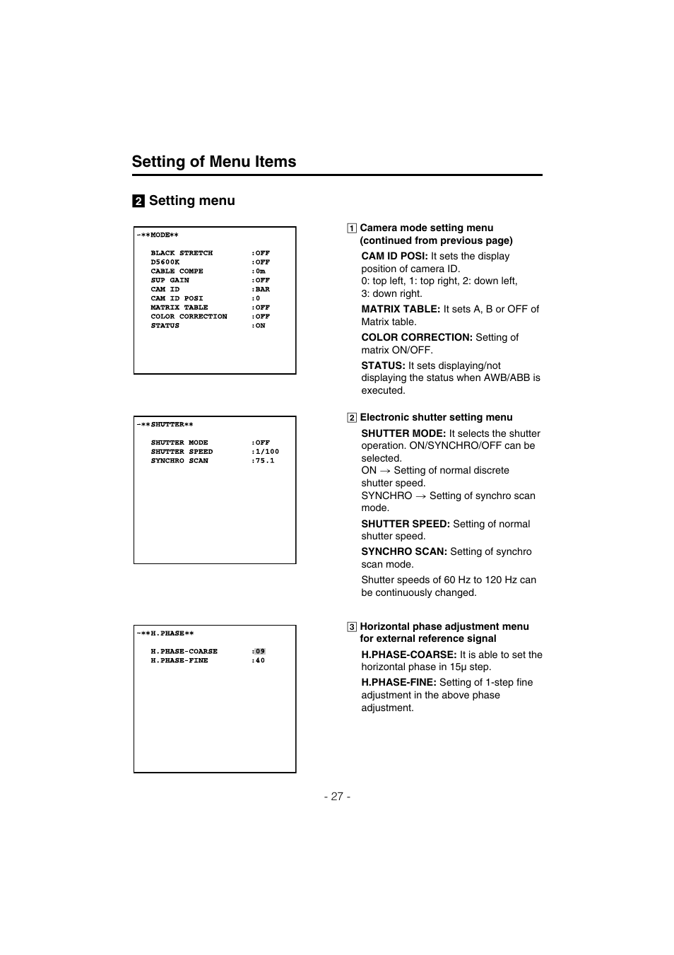 Setting of menu items, Setting menu | Panasonic AK-HC910L User Manual | Page 27 / 32