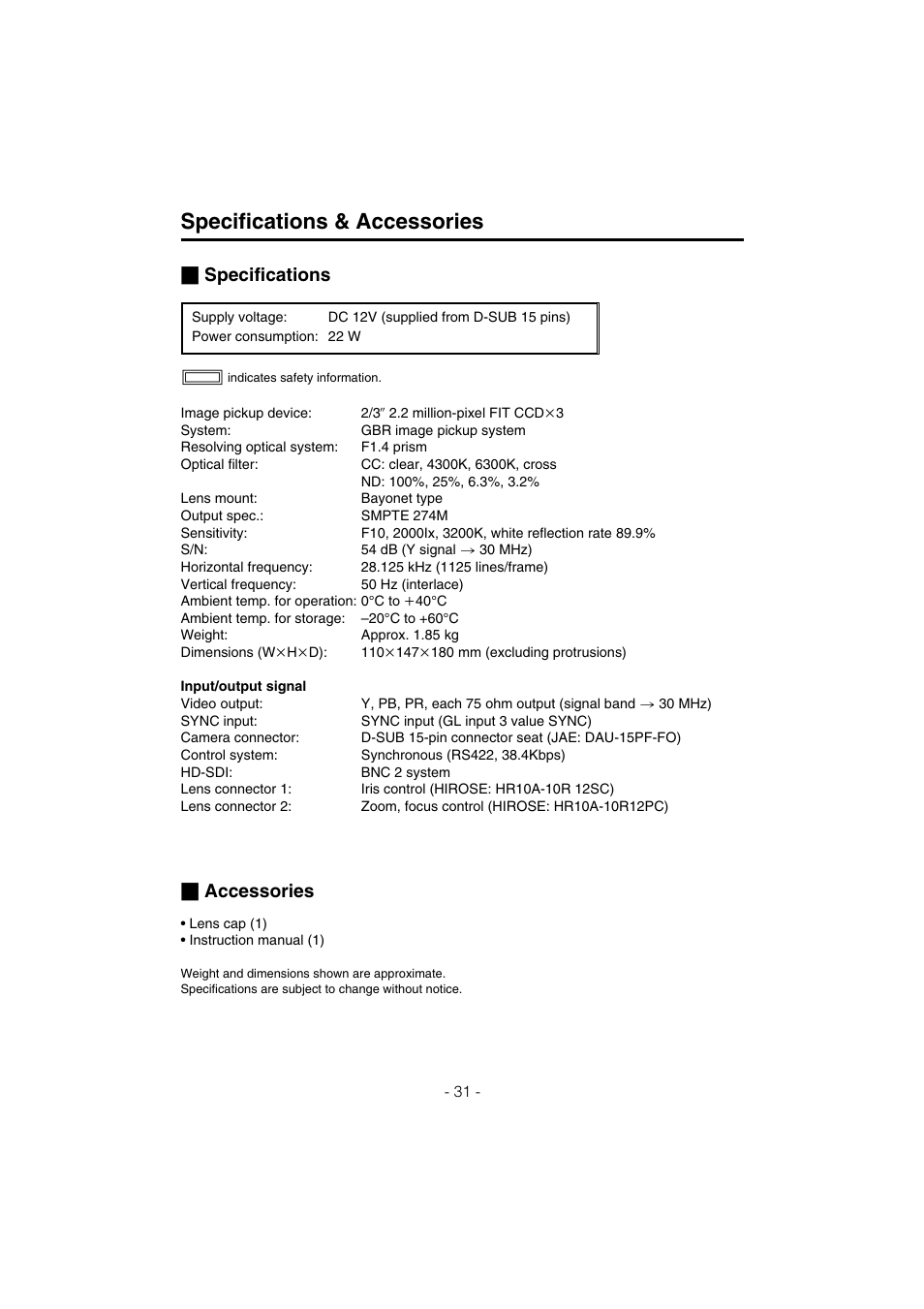 Specifications & accessories, Specifications _ accessories | Panasonic AK-HC910L User Manual | Page 31 / 32