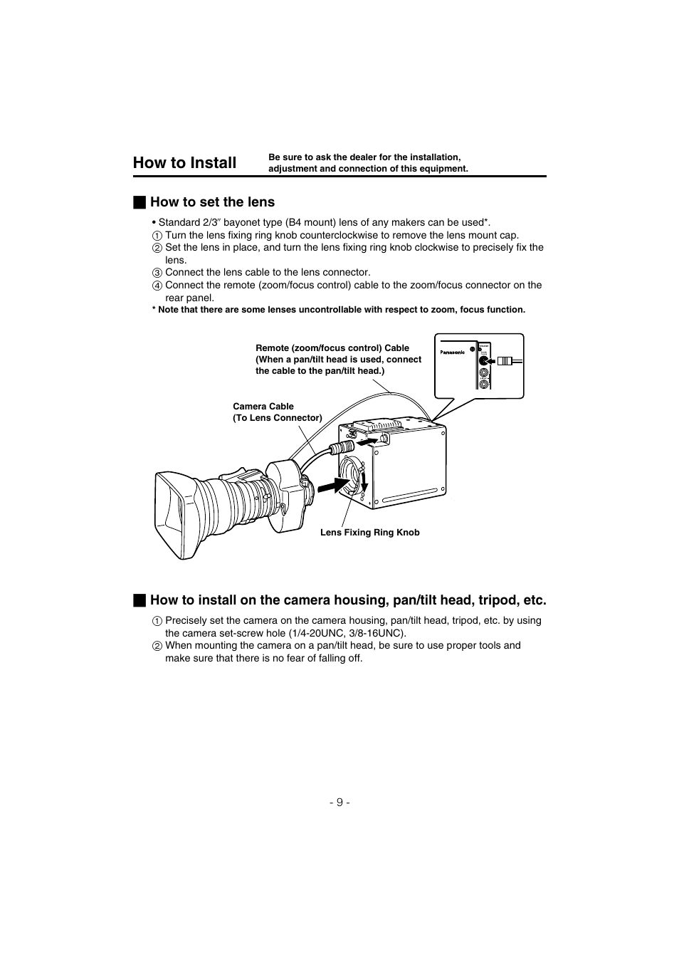 How to install, How to set the lens | Panasonic AK-HC910L User Manual | Page 9 / 32