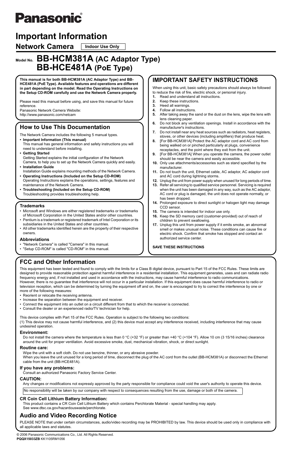 Panasonic BB-HCE481A User Manual | 2 pages