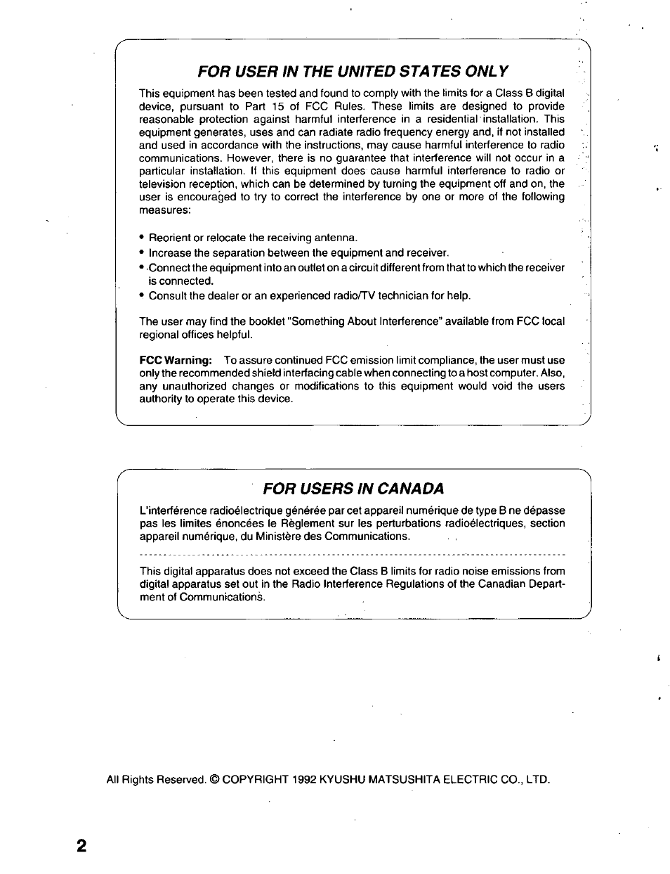 For user in the united states only, For users in canada | Panasonic KX-P2023 User Manual | Page 2 / 88