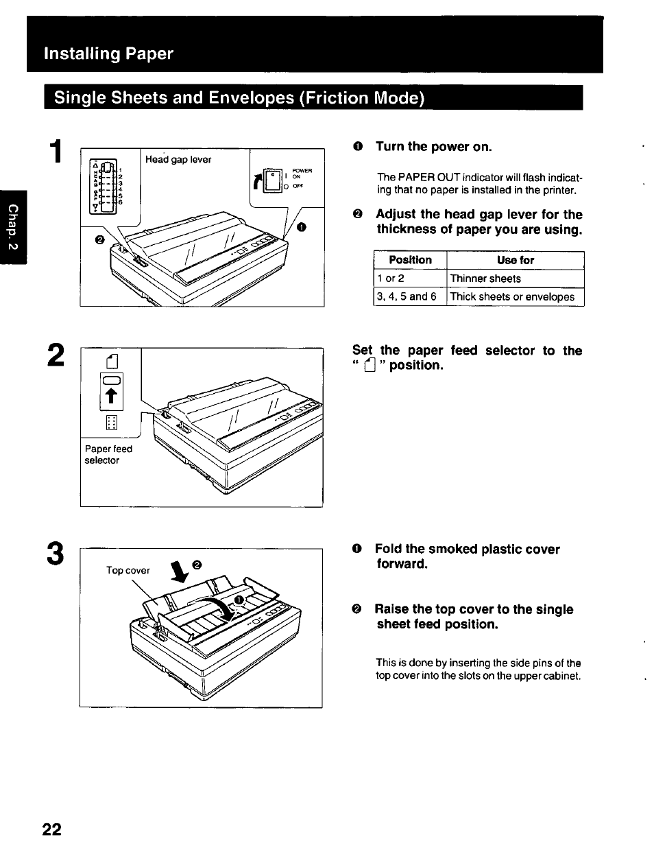 Single sheets and envelopes (friction mode) | Panasonic KX-P2023 User Manual | Page 22 / 88