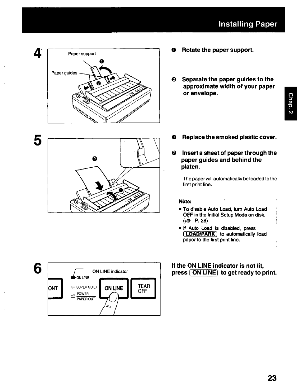 Installing paper | Panasonic KX-P2023 User Manual | Page 23 / 88