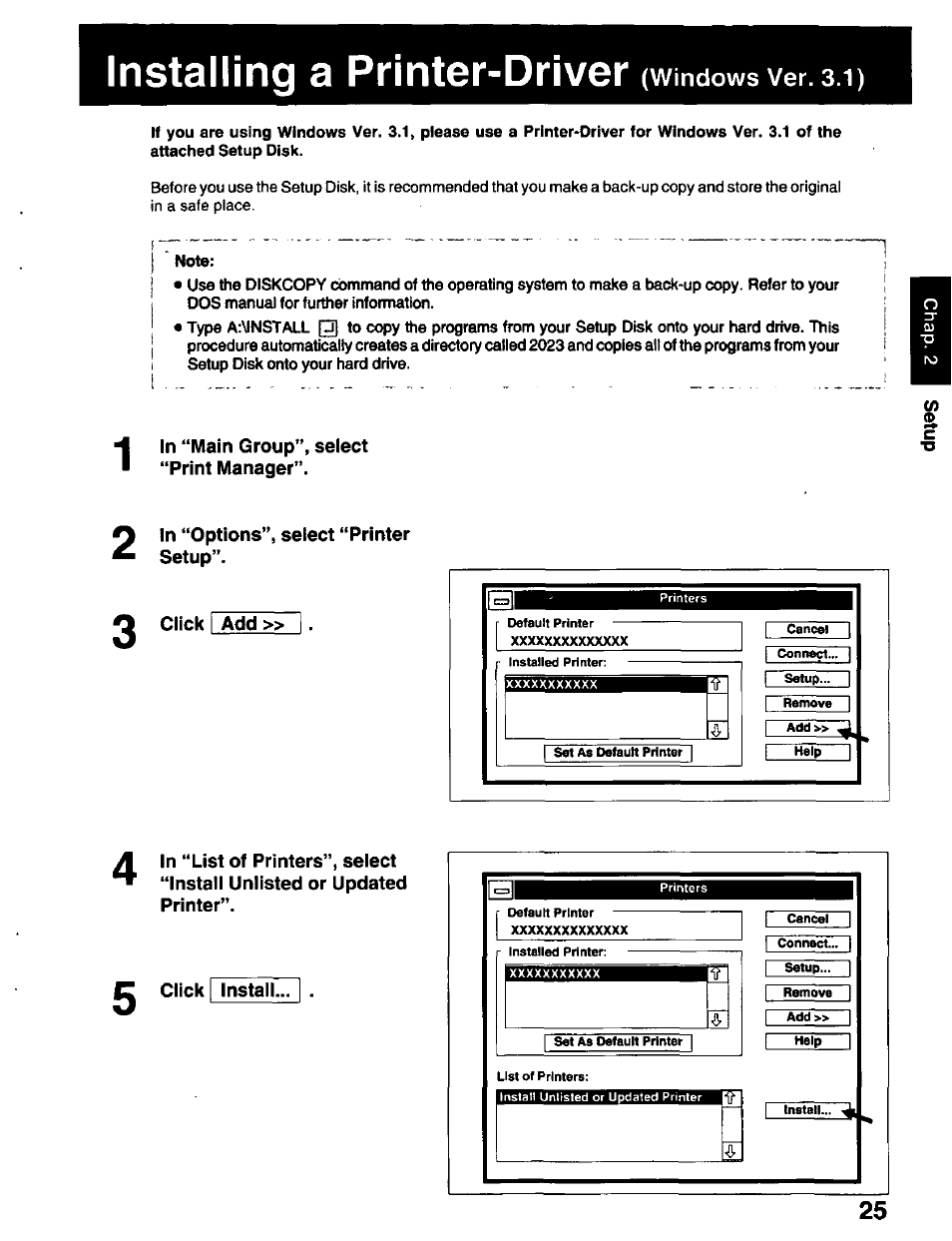 Installing a printer-driver (windows ver. 3.1), In “main group*’, select “print manager, In “options”, select “printer setup | Click add, Click install, Installing a printer-driver, Windows ver. 3.1) | Panasonic KX-P2023 User Manual | Page 25 / 88