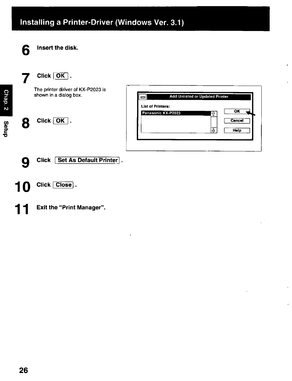 Installing a printer-driver (windows ver. 3.1) | Panasonic KX-P2023 User Manual | Page 26 / 88