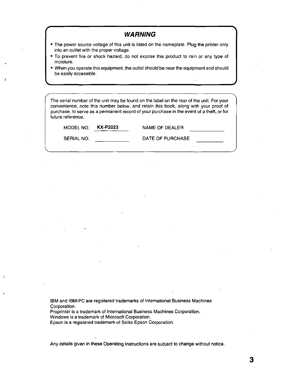 Warning | Panasonic KX-P2023 User Manual | Page 3 / 88