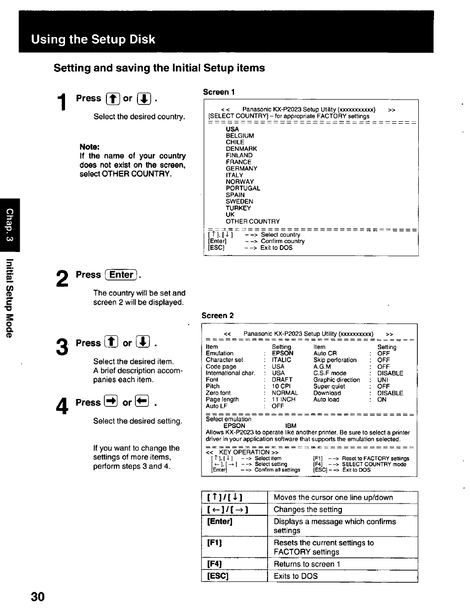 Setting and saving the initial setup items, H press [t] or (j, Press [ enter | Press (d or, Press @ or e, Using the setup disk | Panasonic KX-P2023 User Manual | Page 30 / 88