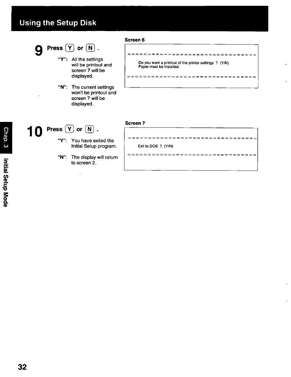 Press [y] or, 10 press [y] or, Using the setup disk | Panasonic KX-P2023 User Manual | Page 32 / 88