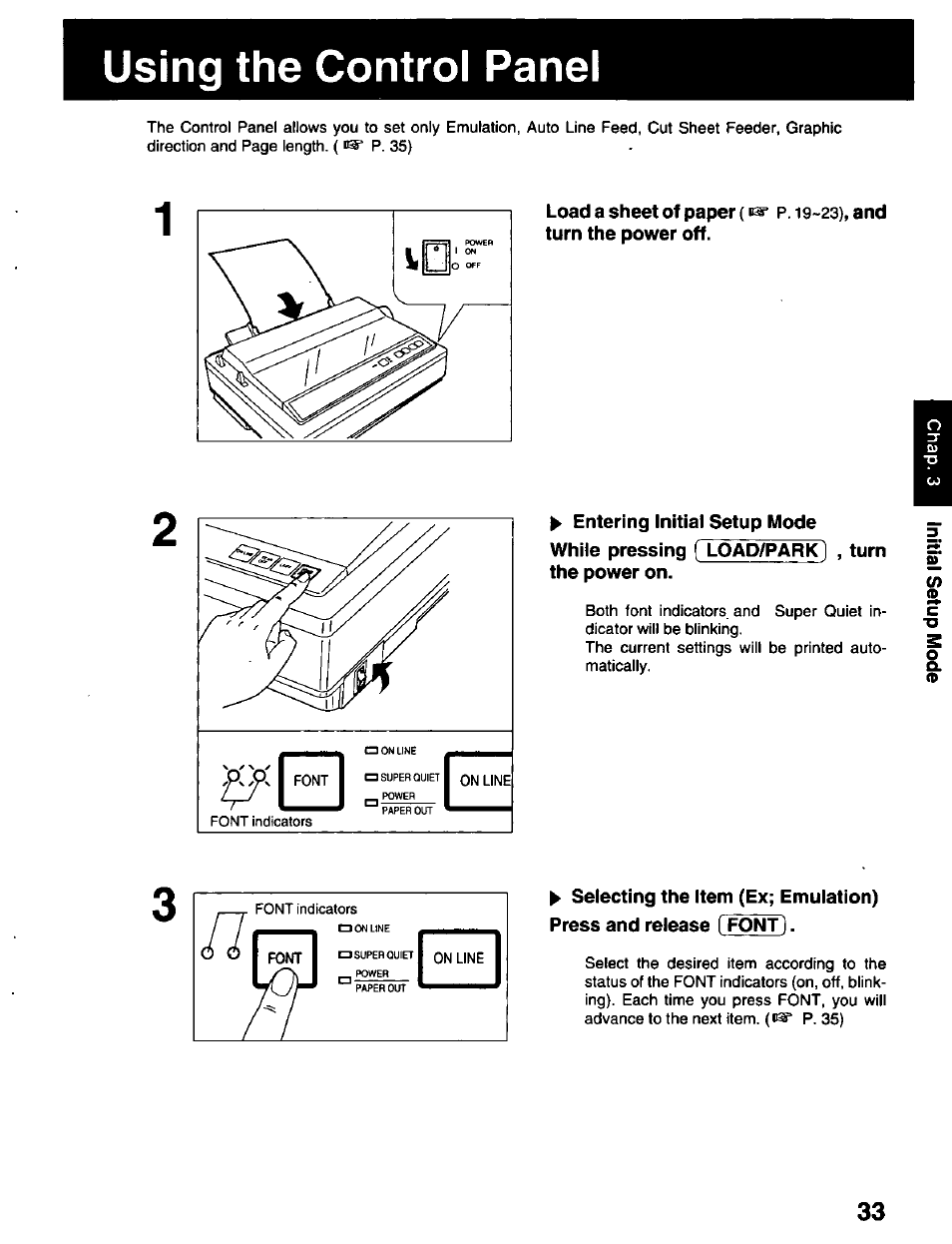 Using the control panel, Entering initial setup mode, While pressing (xoad/park] the power on | Turn | Panasonic KX-P2023 User Manual | Page 33 / 88