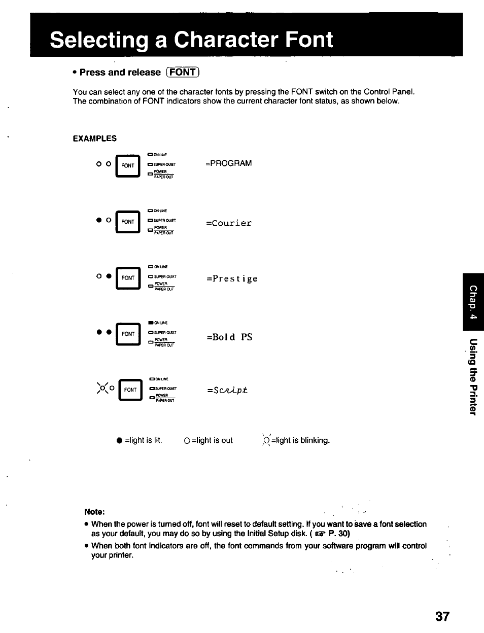 Selecting a character font, Press and release [ font) | Panasonic KX-P2023 User Manual | Page 37 / 88