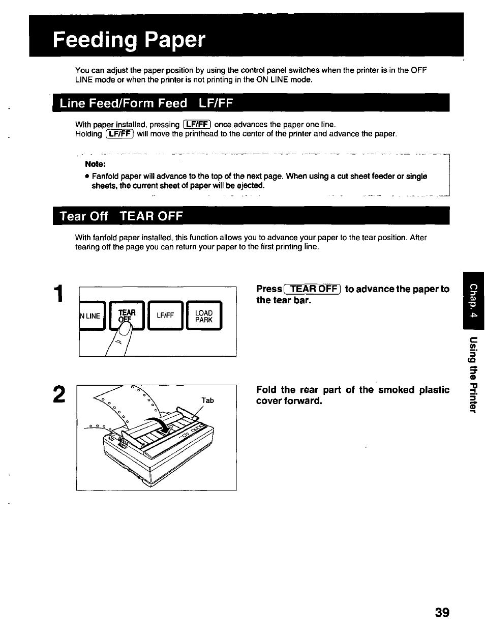 Feeding paper, Line feed/form feed lf/ff, Tear off tear off | Panasonic KX-P2023 User Manual | Page 39 / 88