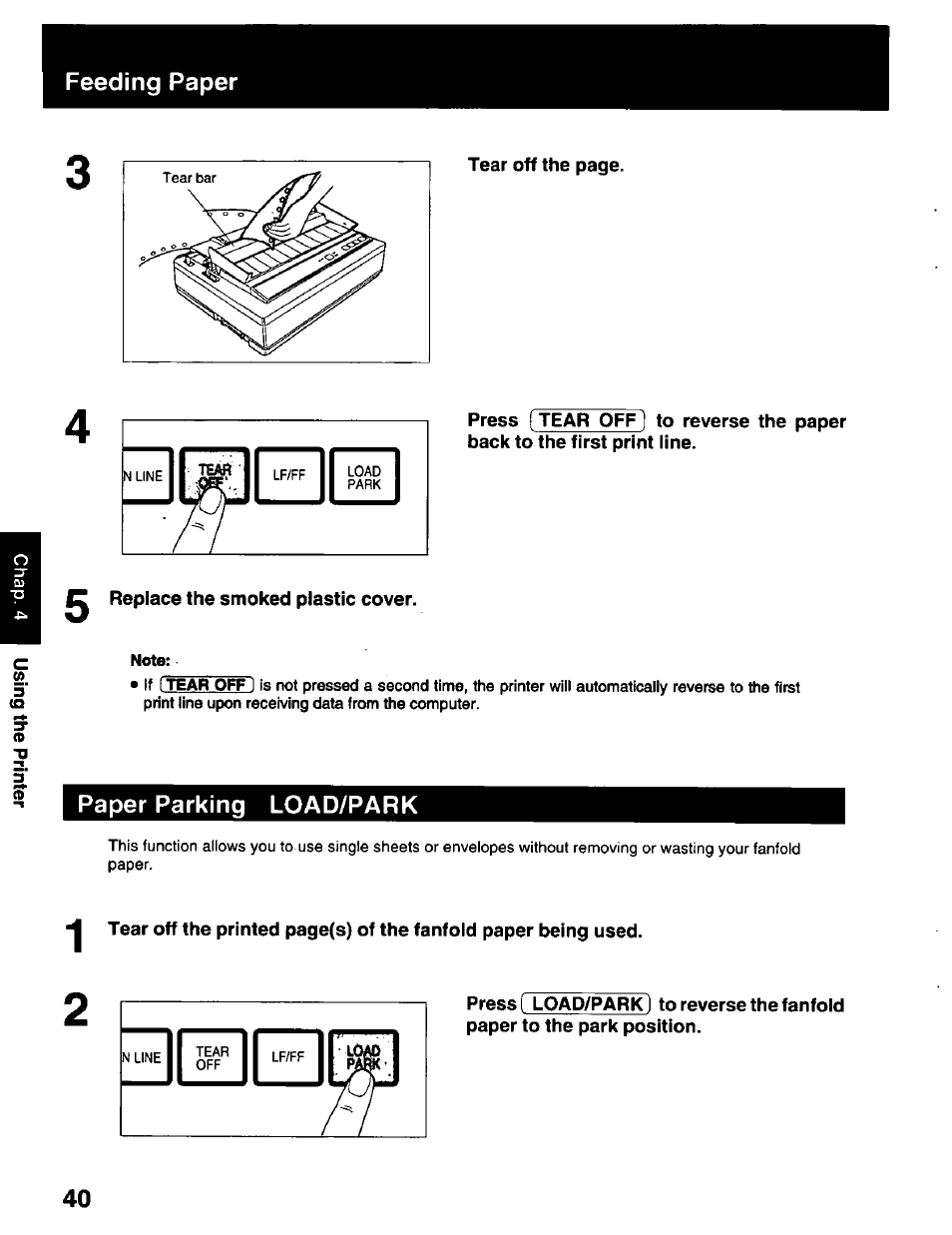 Paper parking load/park, Feeding paper | Panasonic KX-P2023 User Manual | Page 40 / 88