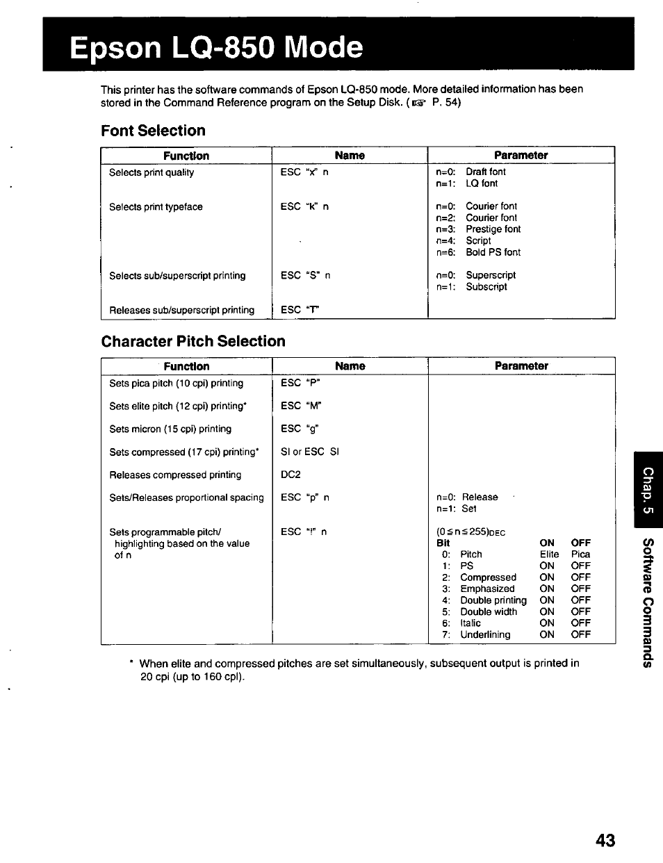 Epson lq-850 mode, Font selection, Character pitch selection | Panasonic KX-P2023 User Manual | Page 43 / 88