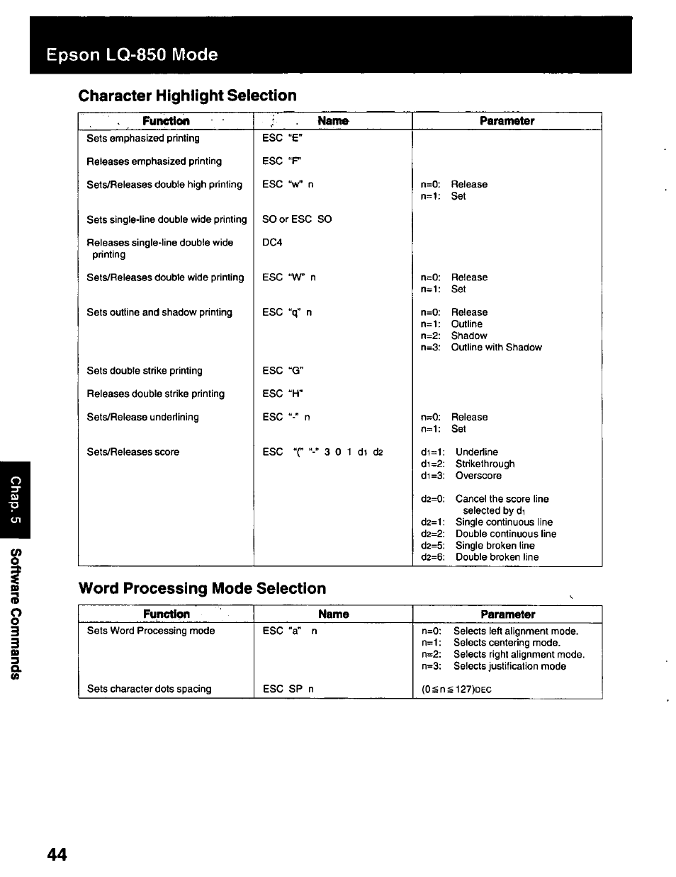 Character highlight selection, Epson lq-850 mode | Panasonic KX-P2023 User Manual | Page 44 / 88