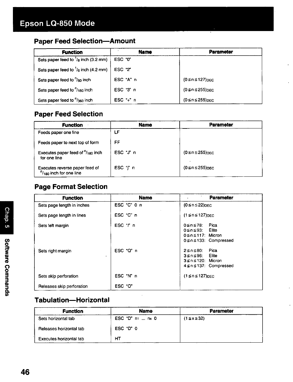 Paper feed selection—amount, Paper feed selection, Tabuiation—horizontal | Epson lq-850 mode | Panasonic KX-P2023 User Manual | Page 46 / 88