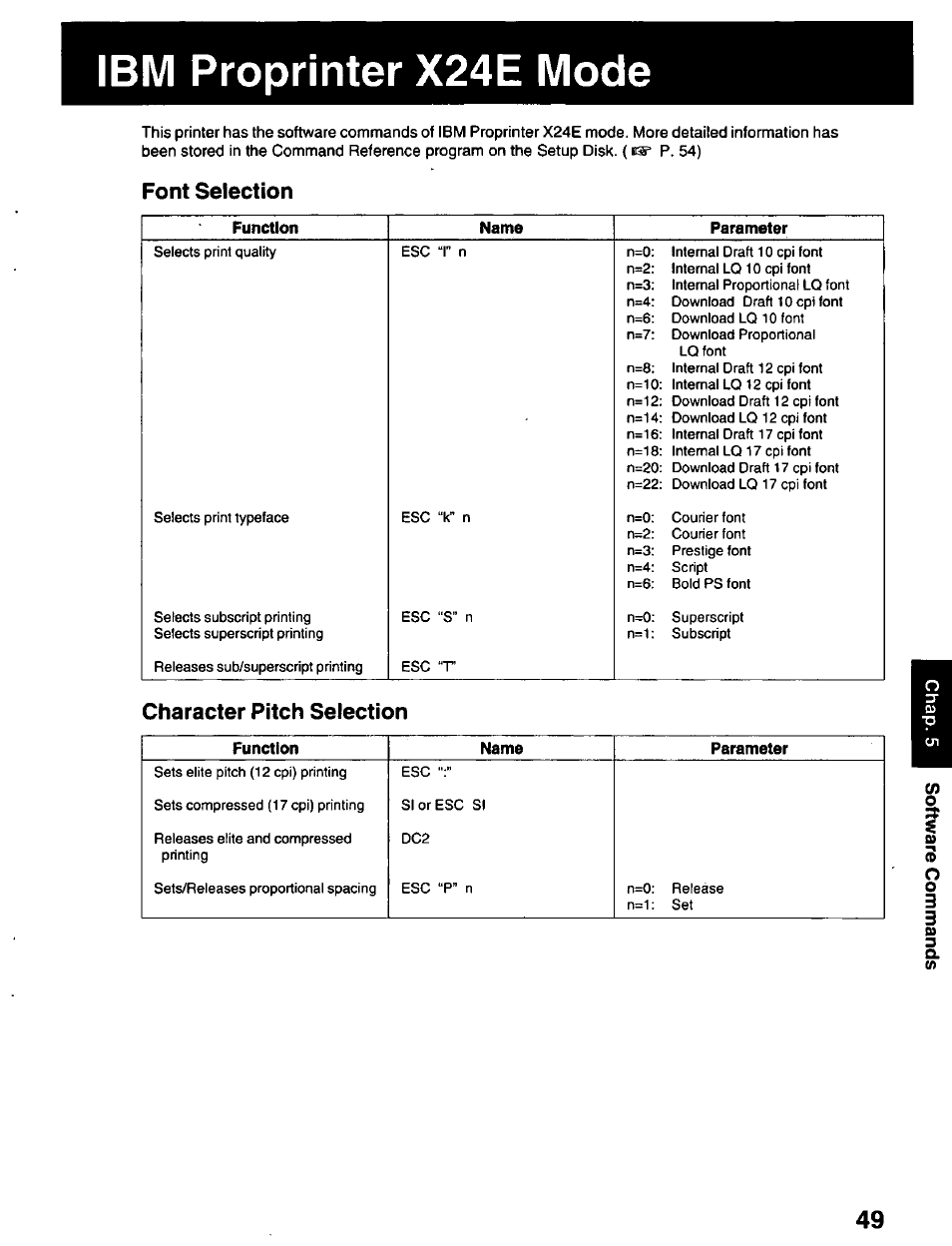 Ibm proprinter x24e mode, Font selection, Character pitch selection | Panasonic KX-P2023 User Manual | Page 49 / 88