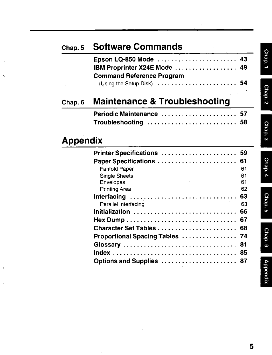 Software commands, 6 maintenance, Troubieshooting | Appendix | Panasonic KX-P2023 User Manual | Page 5 / 88