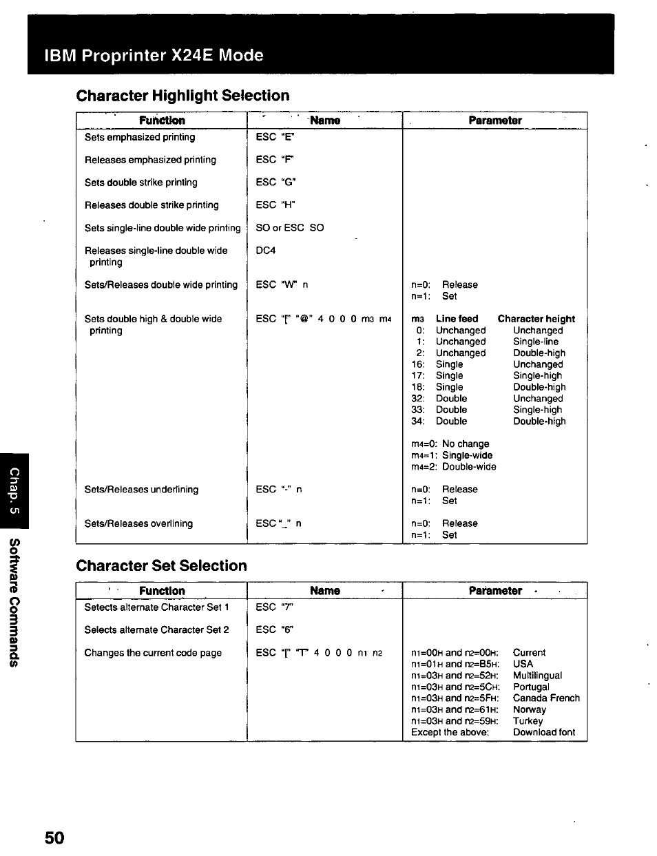 Character highlight selection, Character set selection, Ibm proprinter x24e mode | Panasonic KX-P2023 User Manual | Page 50 / 88