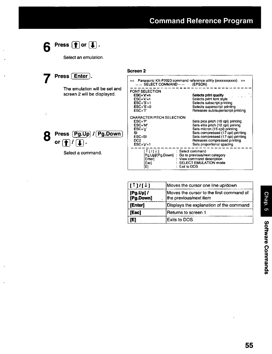 Command reference program, Press [ enter), Press [pg.up] / [ pg.down) | Panasonic KX-P2023 User Manual | Page 55 / 88