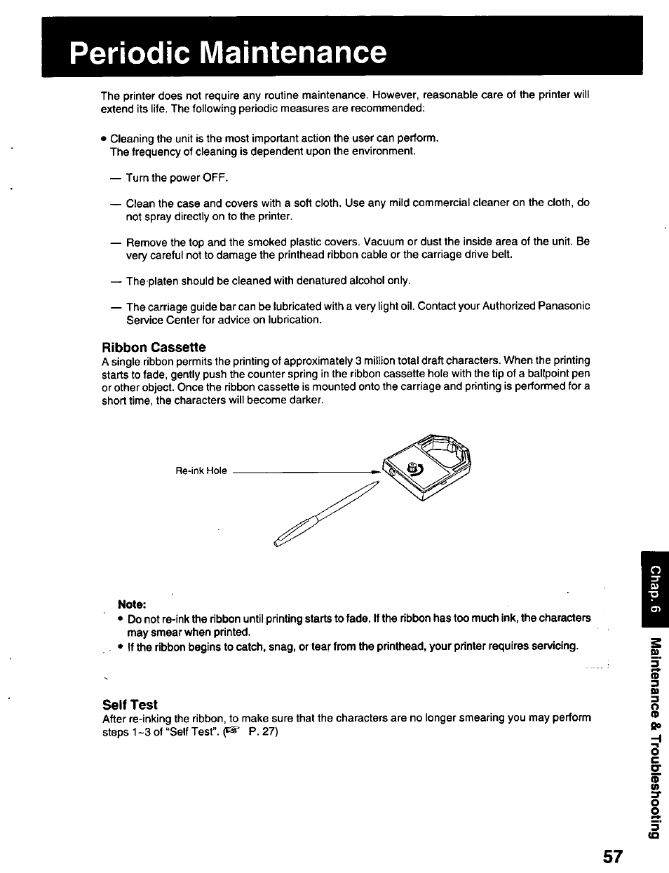 Periodic maintenance, Ribbon cassette, Self test | Panasonic KX-P2023 User Manual | Page 57 / 88