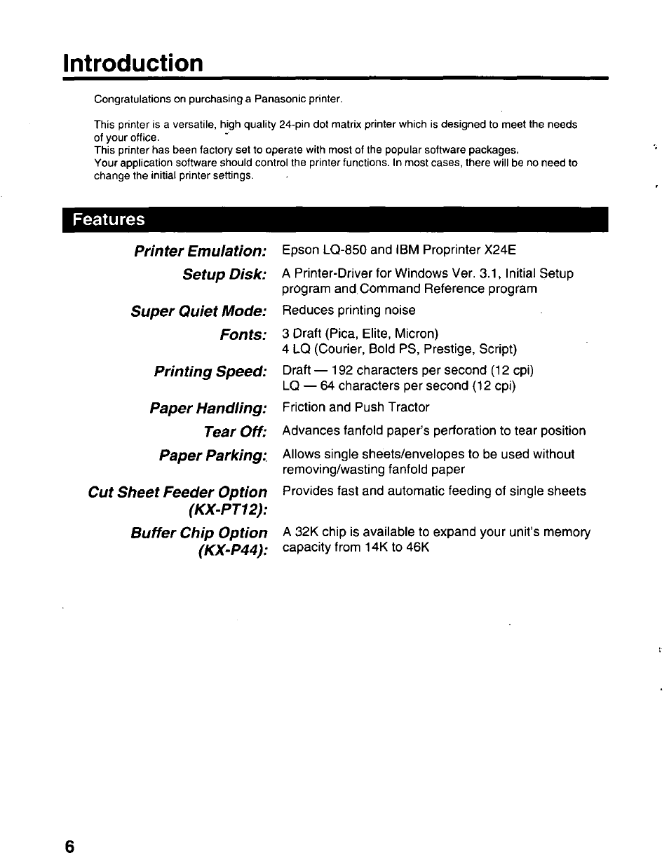 Features, Introduction | Panasonic KX-P2023 User Manual | Page 6 / 88