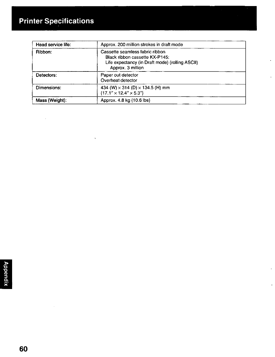 Printer specifications | Panasonic KX-P2023 User Manual | Page 60 / 88