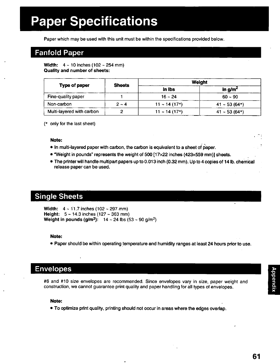 Paper specifications, Fanfold paper, Single sheets | Envelopes | Panasonic KX-P2023 User Manual | Page 61 / 88