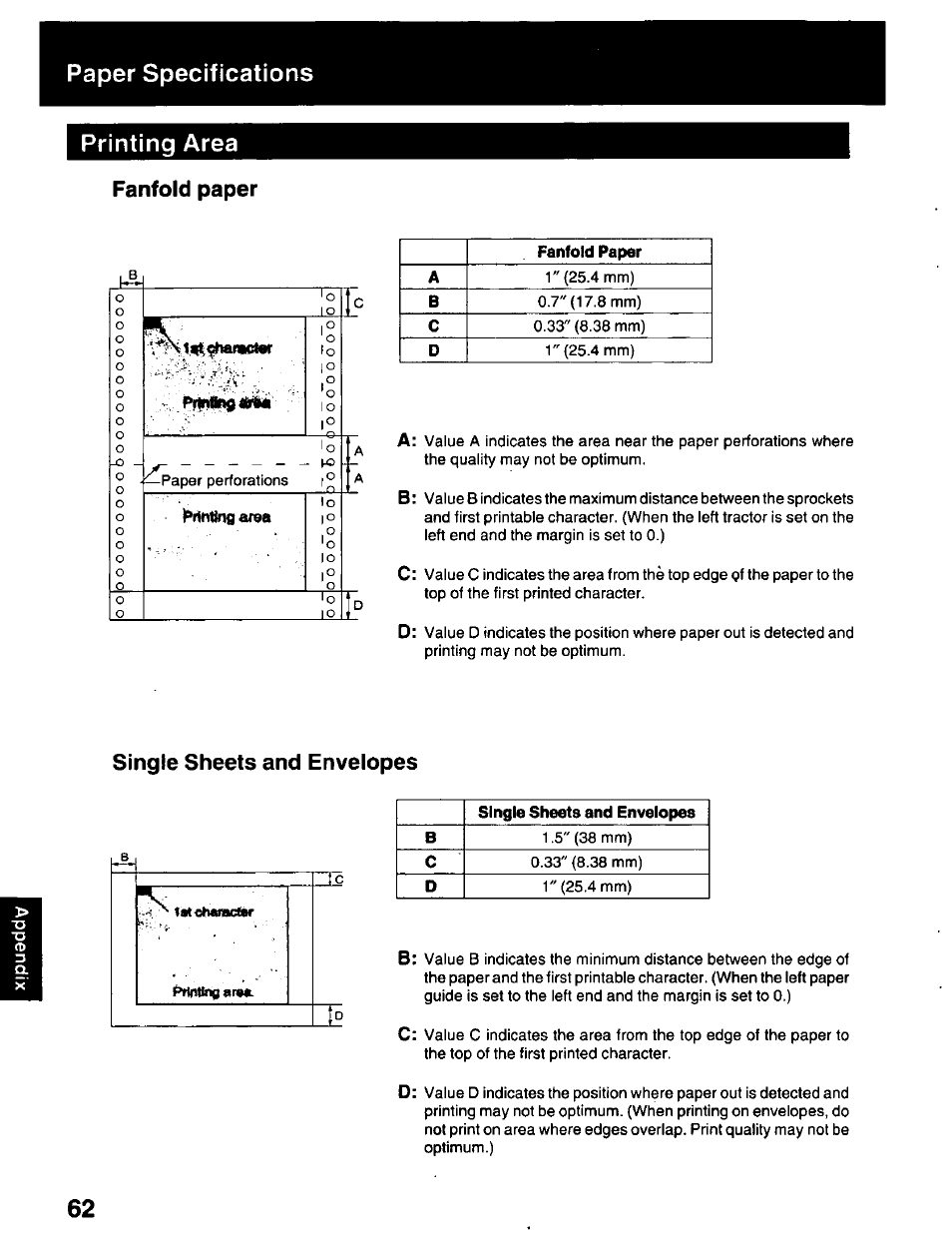 Paper specifications, Printing area, Fanfold paper | Single sheets and envelopes | Panasonic KX-P2023 User Manual | Page 62 / 88