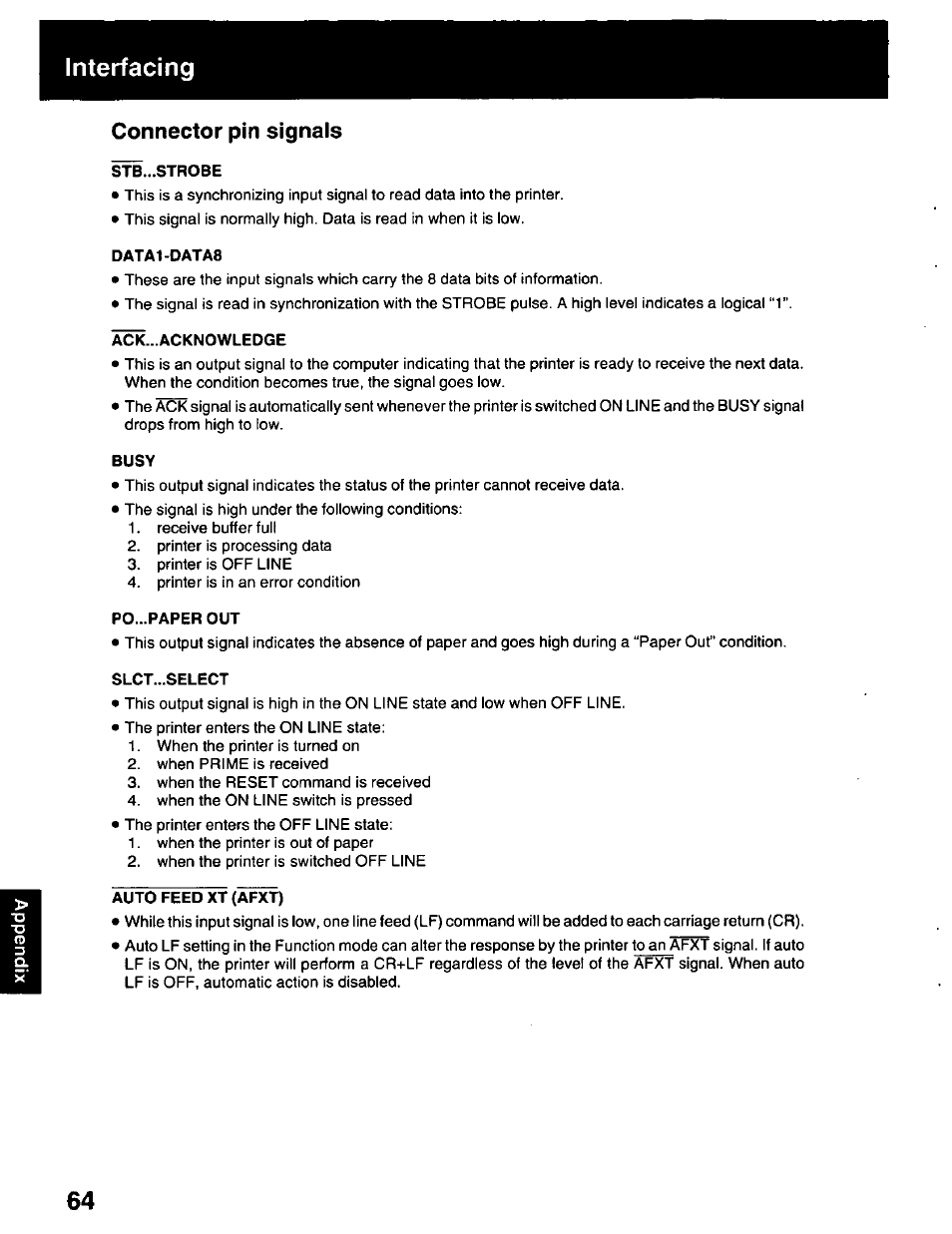 Interfacing, Connector pin signals | Panasonic KX-P2023 User Manual | Page 64 / 88