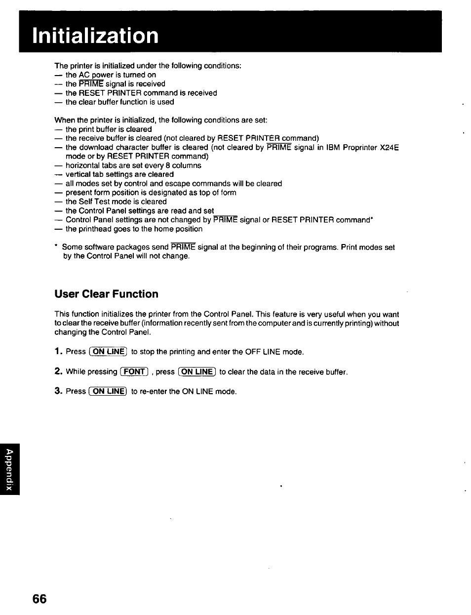 Initialization, User clear function | Panasonic KX-P2023 User Manual | Page 66 / 88