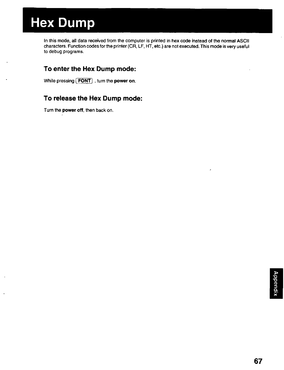 Hex dump, To enter the hex dump mode, To release the hex dump mode | Panasonic KX-P2023 User Manual | Page 67 / 88