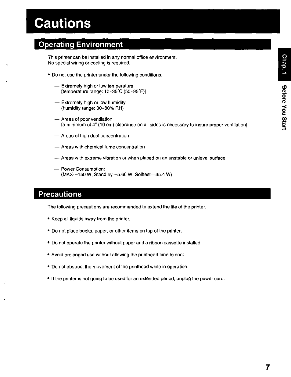 Cautions, Operating environment, Precautions | Panasonic KX-P2023 User Manual | Page 7 / 88