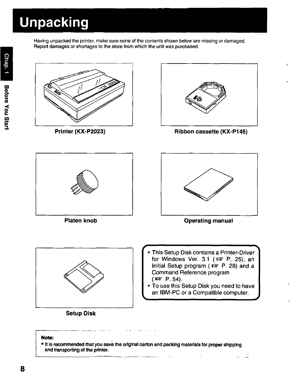 Unpacking | Panasonic KX-P2023 User Manual | Page 8 / 88