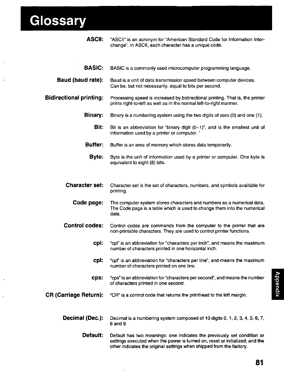 Glossary | Panasonic KX-P2023 User Manual | Page 81 / 88