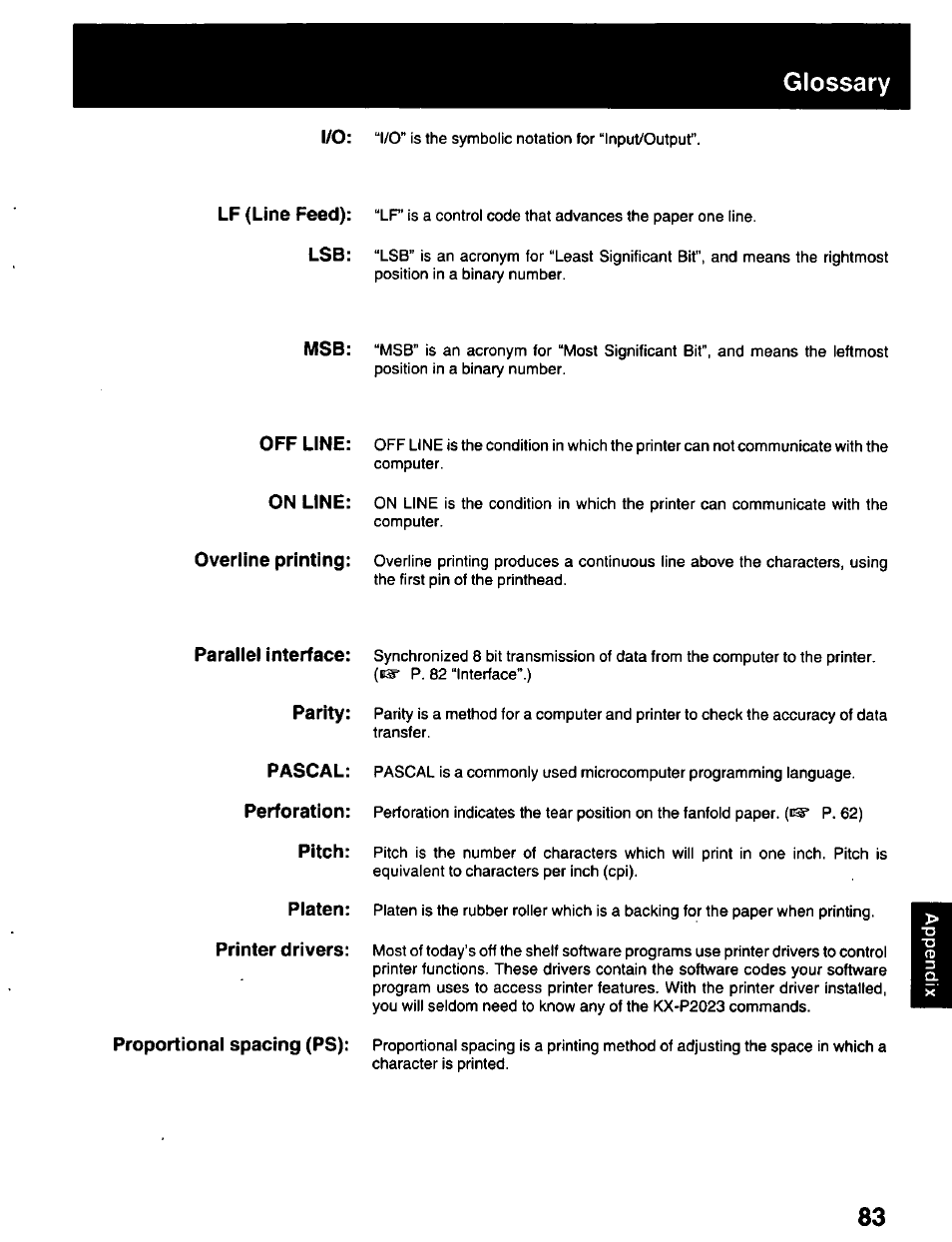 Glossary | Panasonic KX-P2023 User Manual | Page 83 / 88