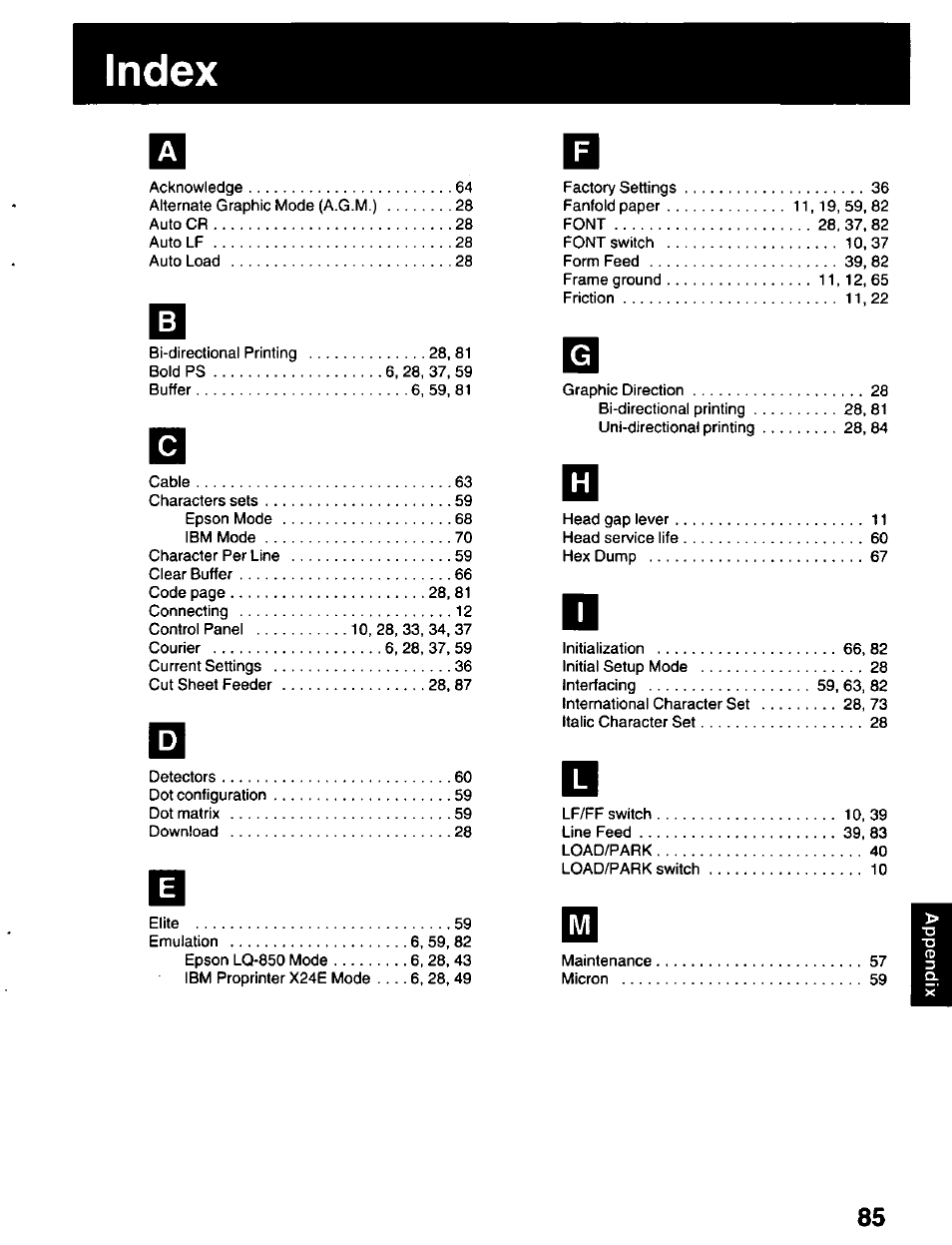 Index | Panasonic KX-P2023 User Manual | Page 85 / 88