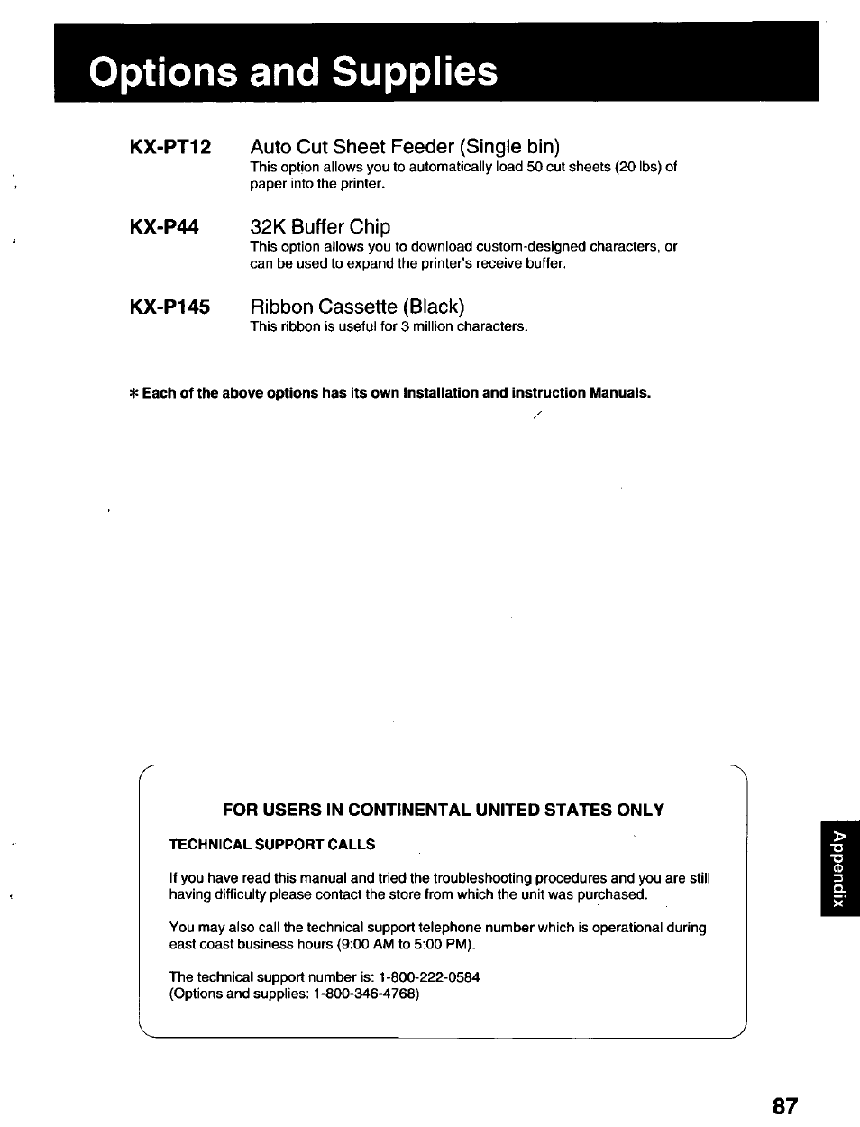 Options and supplies, For users in continental united states only | Panasonic KX-P2023 User Manual | Page 87 / 88