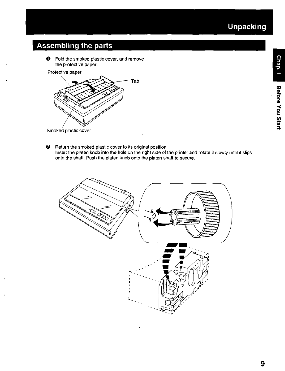 Unpacking, Assembling the parts, Unpacking assembling the parts | Panasonic KX-P2023 User Manual | Page 9 / 88