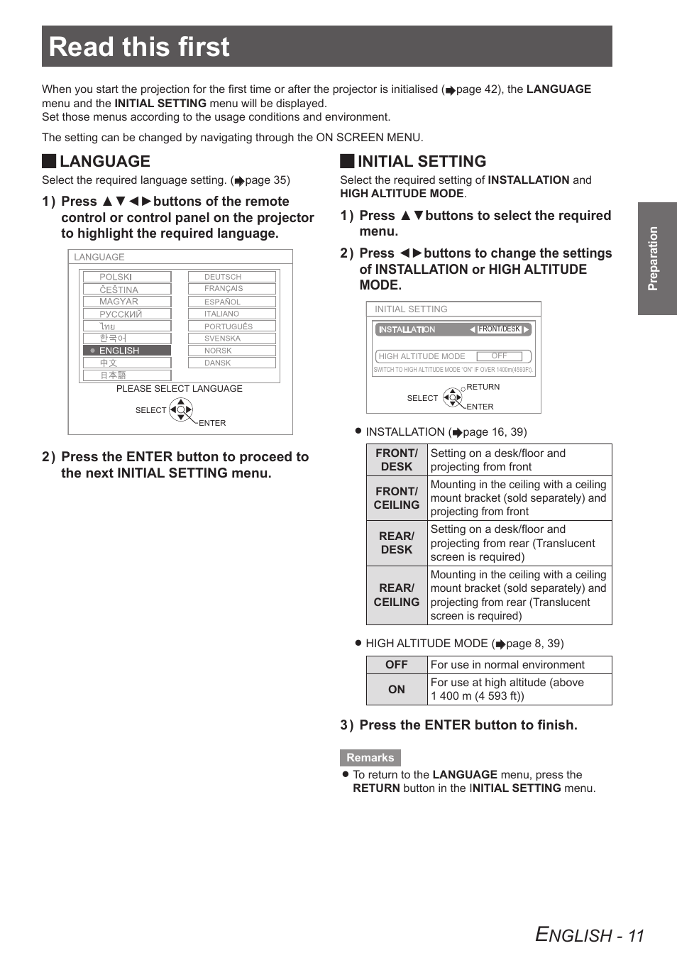 Preparation, Read this first, Nglish - 11 | Language, Initial setting | Panasonic TQBJ0303-1 User Manual | Page 11 / 58