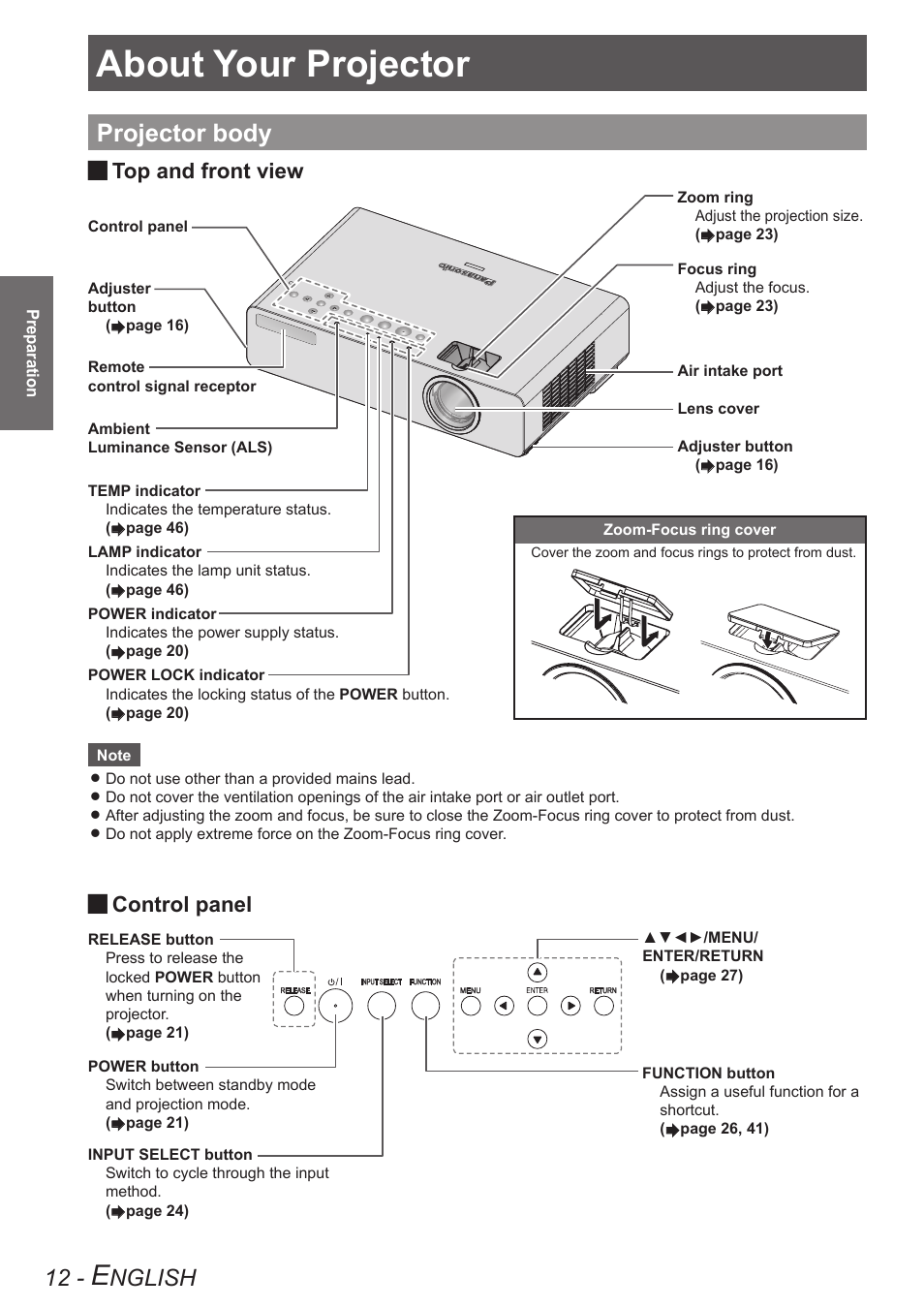 About your projector, Projector body, Nglish | Top and front view, Control panel | Panasonic TQBJ0303-1 User Manual | Page 12 / 58