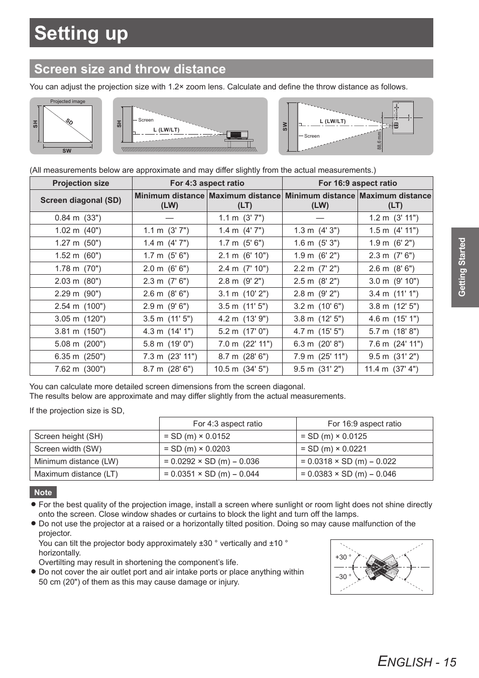 Getting started, Setting up, Screen size and throw distance | Nglish - 15 | Panasonic TQBJ0303-1 User Manual | Page 15 / 58