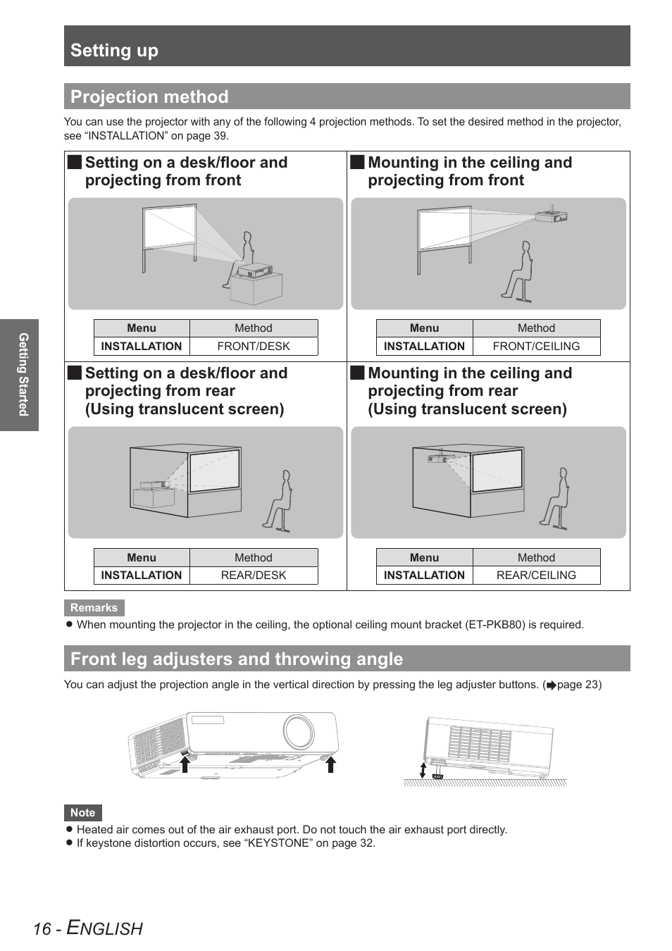 Projection method, Front leg adjusters and throwing angle, Setting up | Nglish, Setting on a desk/floor and, Projecting from front mounting in the ceiling and, Projecting from front, Projecting from rear (using translucent screen) | Panasonic TQBJ0303-1 User Manual | Page 16 / 58