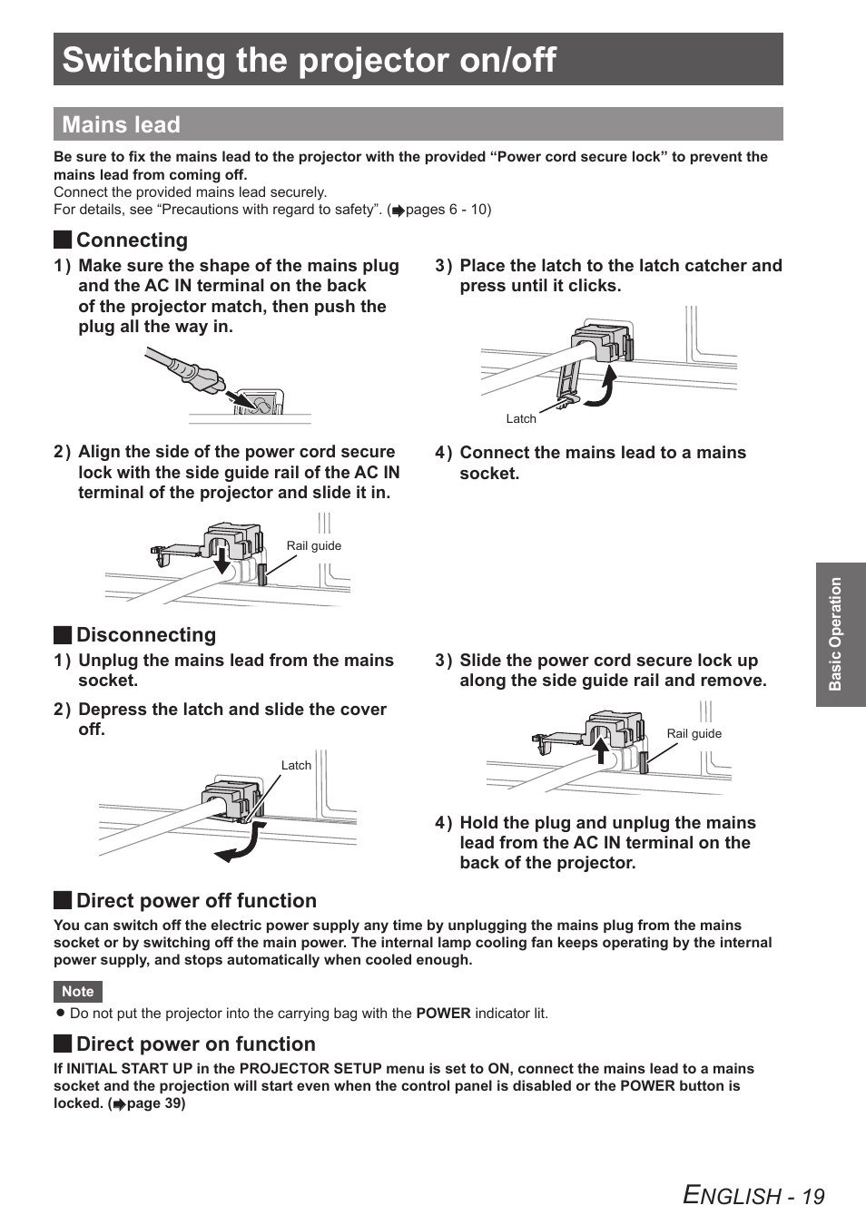 Basic operation, Switching the projector on/off, Mains lead | Nglish - 19 | Panasonic TQBJ0303-1 User Manual | Page 19 / 58