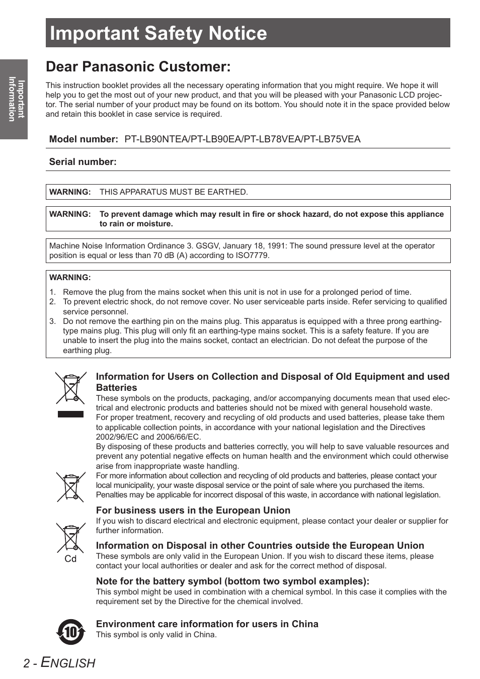 Important information, Important safety notice, Dear panasonic customer | Nglish | Panasonic TQBJ0303-1 User Manual | Page 2 / 58