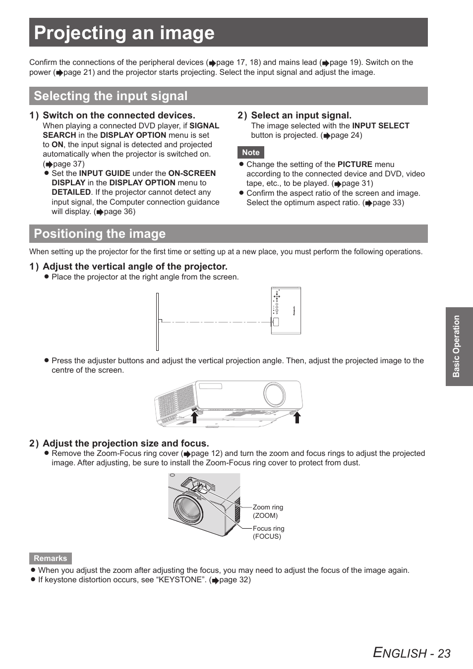 Projecting an image, Selecting the input signal, Positioning the image | Nglish - 23 | Panasonic TQBJ0303-1 User Manual | Page 23 / 58