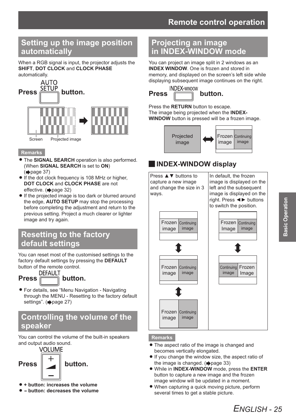 Setting up the image position automatically, Resetting to the factory default settings, Controlling the volume of the speaker | Projecting an image in index-window mode, Remote control operation, Nglish - 25, Press button, Index-window display | Panasonic TQBJ0303-1 User Manual | Page 25 / 58