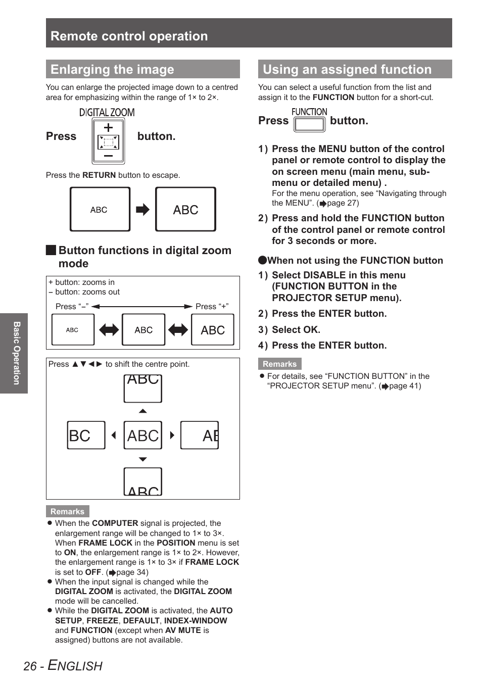 Enlarging the image, Using an assigned function, Remote control operation | Nglish, Press button, Button functions in digital zoom mode | Panasonic TQBJ0303-1 User Manual | Page 26 / 58